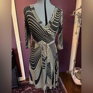 Geometric Black and White Wrap striped faux wrap dress. Small, Janette Fashion.
